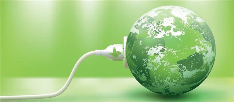 Planeta conectado a uma tomada, representando energia sustentável